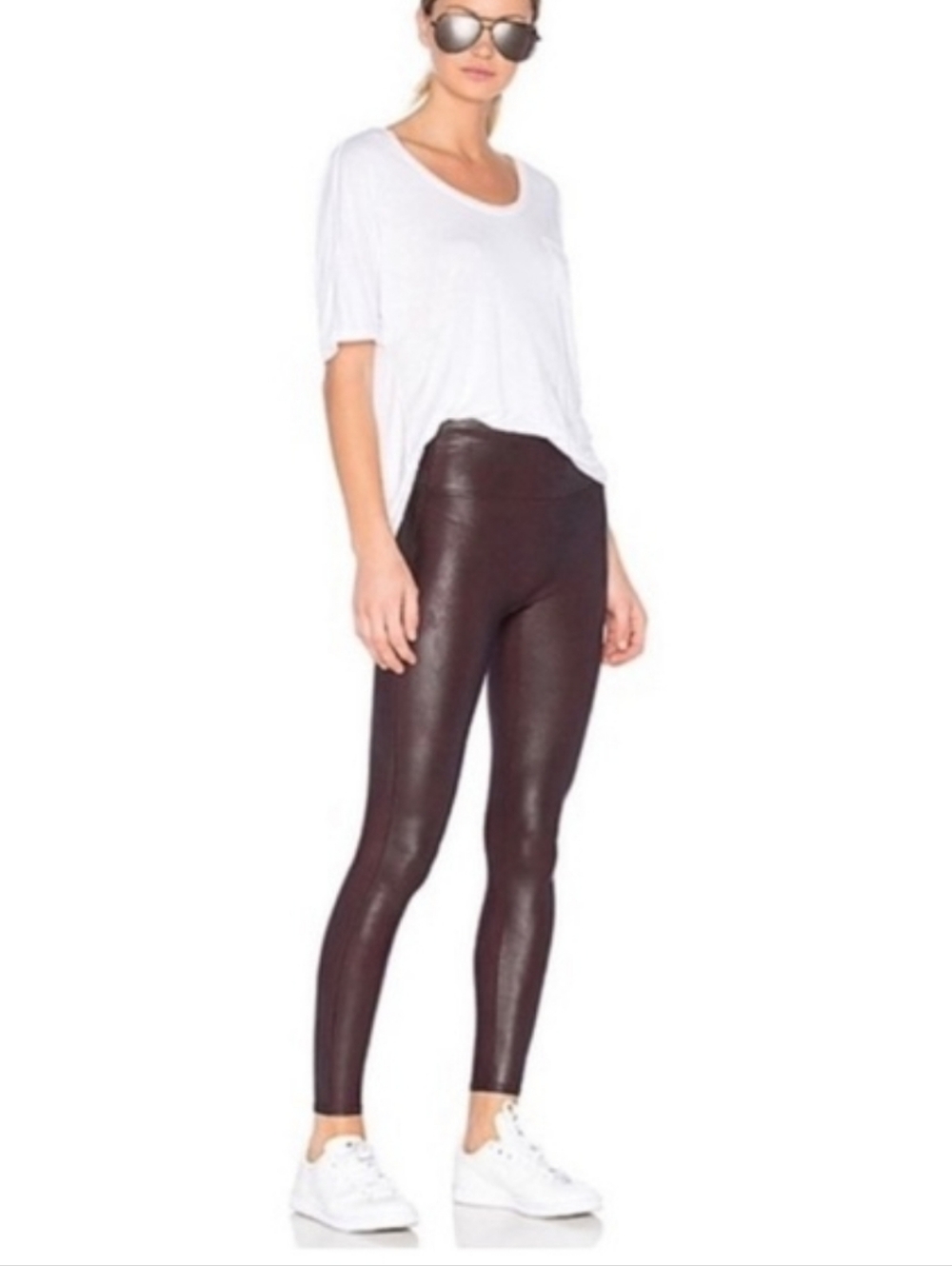 SPANX Leather-Like High-Rise Leggings in Burgundy Wine - Size L Power Waistband